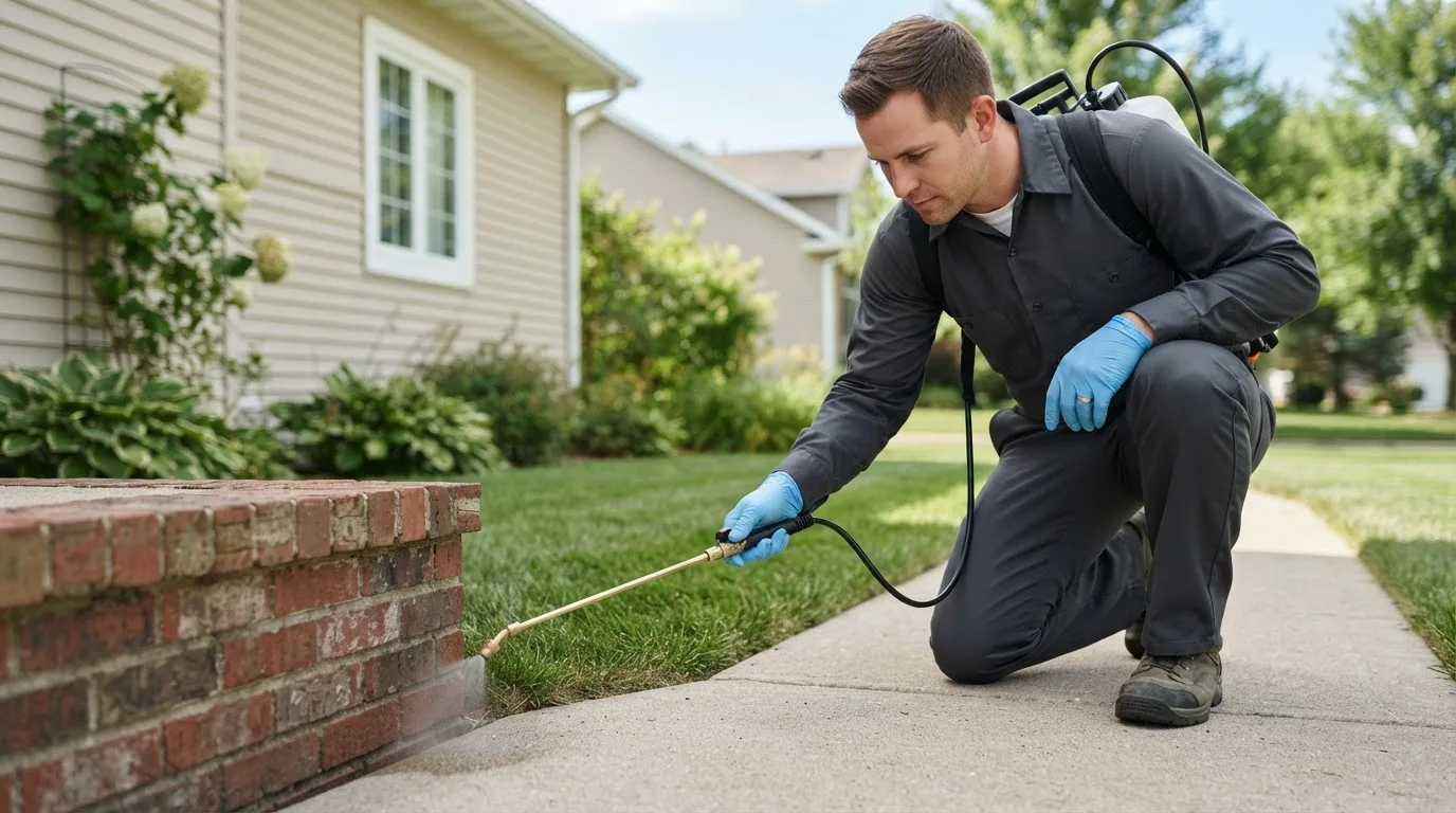 Pest control technician treating a home near Larsen, WI