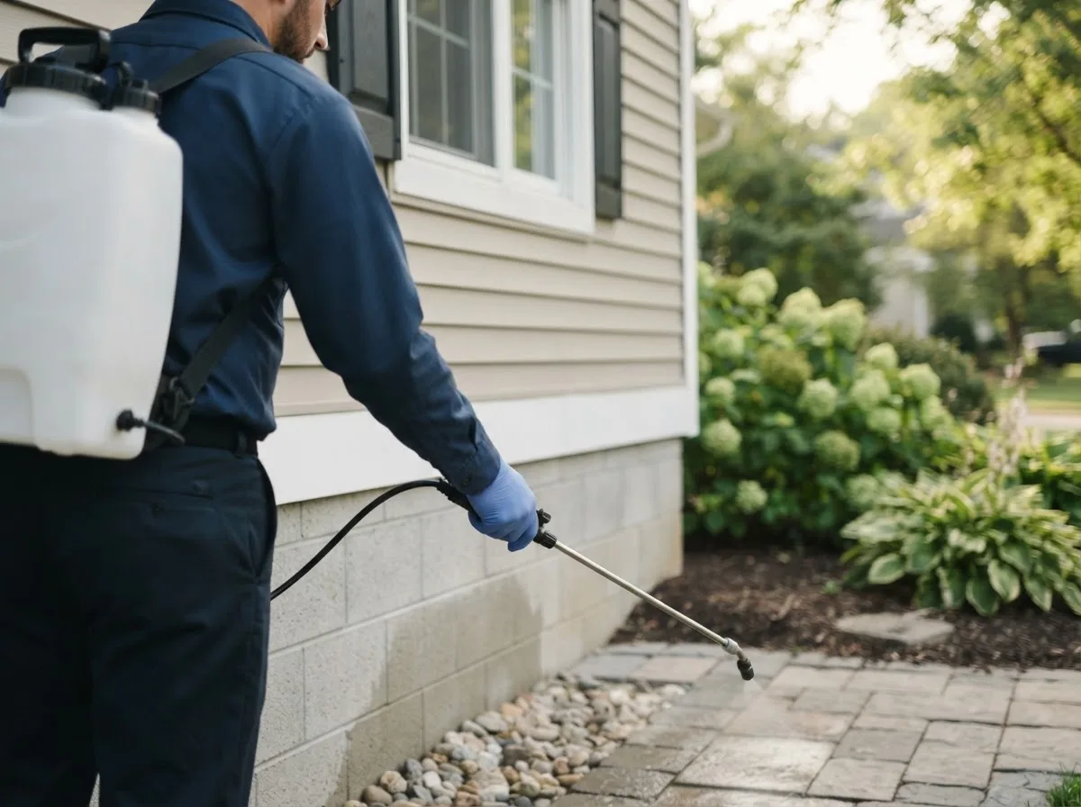 Pest control technician inspecting a home in Larsen, WI
